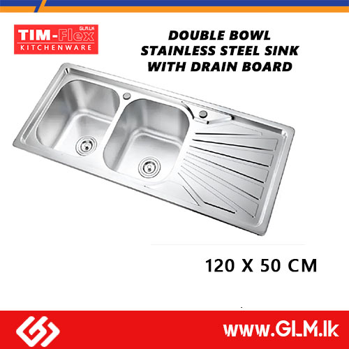 TIM-FLEX DOUBLE BOWL STAINLESS STEEL SINK WITH DRAIN BOARD  120 X 50 CM