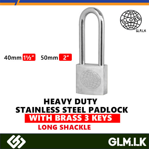 GLOBE HEAVY DUTY  STAINLESS STEEL PADLOCK  WITH BRASS 3 KEYS  LONG SHACKLE  50MM (2”)