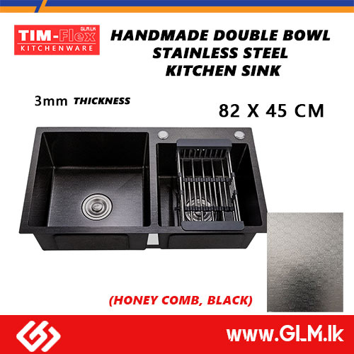 TIM-FLEX HANDMADE DOUBLE BOWL STAINLESS STEEL KITCHEN SINK (HONEY COMB, BLACK) 3MM THICKNESS 82 X 45 CM