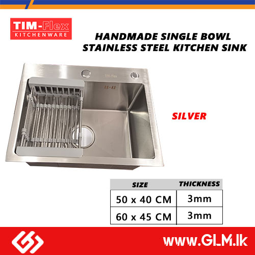 TIM-FLEX HANDMADE SINGLE BOWL STAINLESS STEEL KITCHEN SINK SILVER – 3MM THICKNESS  60 X 45 CM