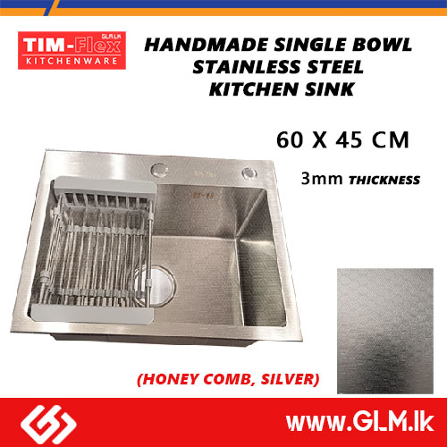 TIM-FLEX HANDMADE SINGLE BOWL STAINLESS STEEL KITCHEN SINK – 3MM THICKNESS  HONEY COMB, SILVER  60 X 45 CM