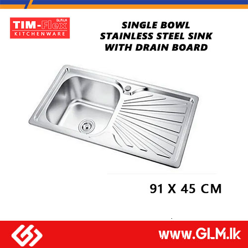 TIM-FLEX SINGLE BOWL STAINLESS STEEL SINK WITH DRAIN BOARD  91 X 45 CM