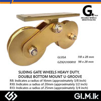 G. (DOT) SLIDING GATE WHEELS HEAVY DUTY, DOUBLE BOTTOM MOUNT U-GROOVE YELLOW 118 X28 MM