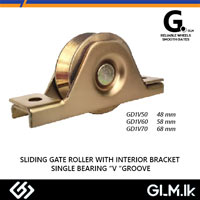 G. (DOT) SLIDING GATE ROLLER WITH INTERIOR BRACKET SINGLE BEARING “V” GROOVE YELLOW ZINC 70MM